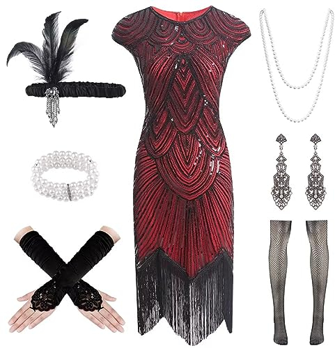 WILDPARTY 20er Jahre Kostüm Damen Charleston Kleid mit Pailletten Perlen Fransen Netzstrümpfe, Accessoires, Vintage Mafia Kostüm Damen Women L