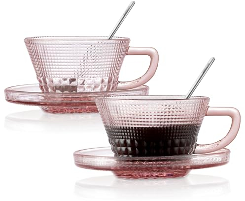 Joeyan 260ml Pink Glass Espresso Cappuccino Cup and Saucer with Spoon, Set of 2 Diamond Texture Thickened Tea Mugs with Saucer, Coffee Serving Tableware for Home Office Party