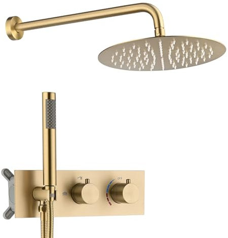 BEITH Colonne de Douche Encastrée, Or Brossé Ensemble de Douche, 10inch/255mm Systèmes de Douche, Pomme de Douche Rotative Ronde en Acier Inoxydable 304, Corps en Laiton, Autonettoyant