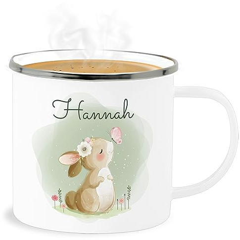 Emaille Becher Blechbecher - Süßer Hase mit Name personalisiert I Hasen Geschenk Bunny I Rabbit I Kaninchen - 300 ml - Weiß Silber - hasenbecher hasentasse hasenmotiv ostern tassen ostertasse