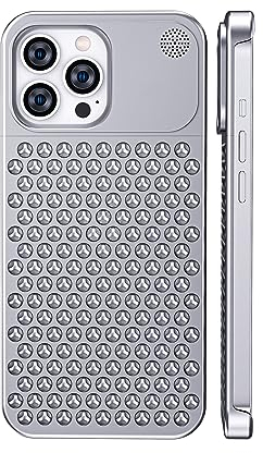 VALRION Compatible with iPhone 14 Pro Max Heat Dissipation Hollow Phone Case for Men Women Cooling Breathable Borderless Case with Aromatherapy Slim Aluminum Alloy Protective Shockproof Cover, Silver