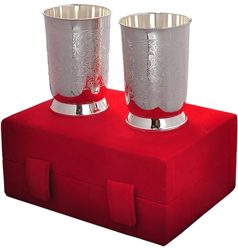 Marusthali Indisches Becher-Set, versilbertes Messing, geschnitzte Gläser, Set mit 2 Gläsern (silberfarbener Becher, 2 Stück)