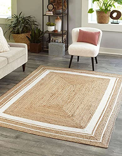 THE PIKKU INTERNATIONAL - Tapis rectangulaire en jute tissé à la main beige avec bordure blanche pour couloir (120 x 170 cm)