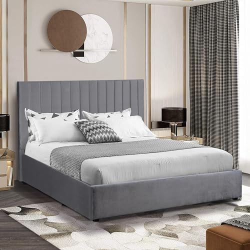 Ottoman Storage Bed with Mattress Included, Velvet Double Bed Frame, Upholstered Gas Lift Up Bed Frame with Storage, Ottoman Storage Bed with Wooden Slats, (4ft6 Dark Grey Double)