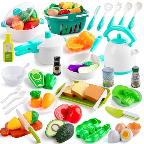 EFO SHM Accesorios de Cocina para Niños, Utensilios de Cocina de Juguete, Juego de Ollas y Sartenes, Vajilla de Alimentos, Cortar Verduras, Juego de rol Infantil, Regalo para Niños Mayores de 3 Años