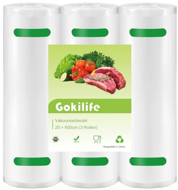 Gokilife Vakuumierbeutel - 3 Rollen 20x600cm Reißfest ca. 350µm, Vakuumierfolie für alle Vakuumierer & Lebensmittel Vakuumiergerät, Profi Folienrollen BPA-frei, Kochfest und Sous Vide Gefrierbeutel