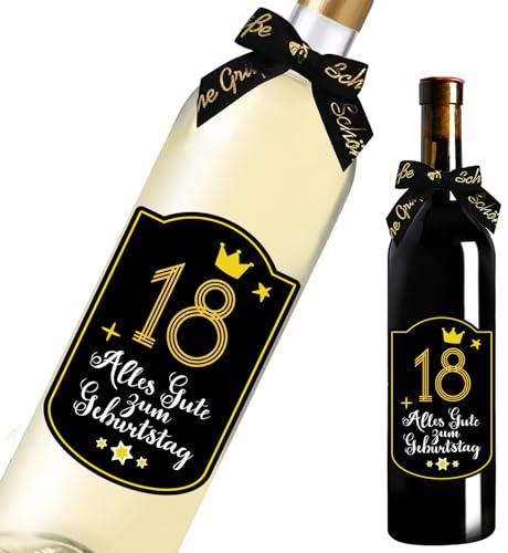 18. Geburtstag Flaschenetikett mit Schleife Schwarzes Gold Lack veredelt 8,5x10,5cm Happy Birthday 18 - Geburtstagsdeko Geburtstagsgeschenk Geschenke für Frauen Männer