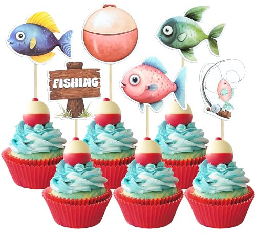 Ephlyn 36Pcs Fishing Cupcake Toppers Gone Fishing Party Cupcake Picks for Fisherman Birthday Party Decorations Fisherman Fishing Pole Theme Party Baby Shower Supplies