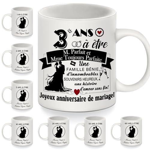 3 ans à être Monsieur Parfait et Madame Toujours Parfaite Mug anniversaire pour couples femmes hommes épouse mari 3 ans de mariage cadeau 3ème anniversaire cadeau Tasse à café(3 ans)
