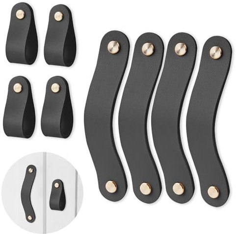 Czzmy 4PC Ledergriffe für Möbel,4 Stück Handgemachte Griff Möbelknöpfe Leder,Vintage Möbelgriffe Ledergriff Schrankgriffe für Küchenschränke, Kleiderschrank,Bad(4-Schwarz)