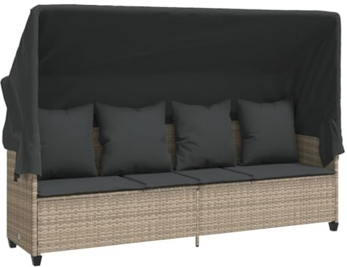 Makastle 4-Sitzer Sofa mit Dach und Kissen, Garten Schlafsofa Gartenliege Outdoor Sofa Couch Liege Sonnenliege Terrassenliege, Verstellbare Rückenlehne, Hellgrau Poly Rattan