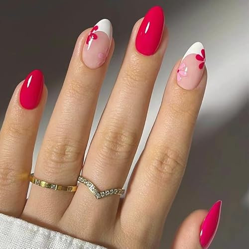 GlamRays Lot de 24 faux ongles courts ovales French nails, à presser, en acrylique, motif floral, parfaitement ajusté, pour femmes et filles, convient pour l'été