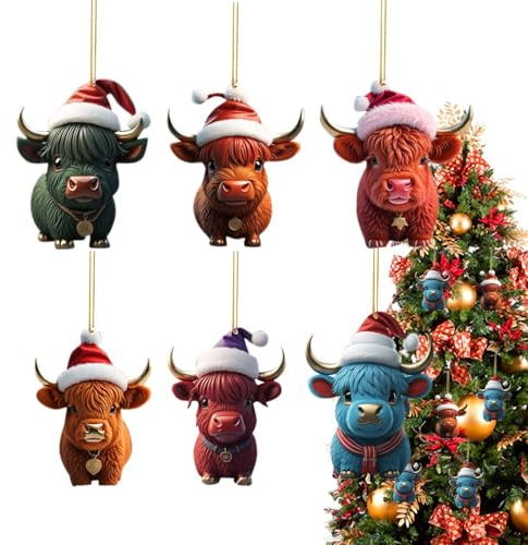 6 Stück Hochland Kuh Weihnachtsschmuck, Weihnachtsbaum Kuh Ornamente 2024, Lustige Acryl Hängende Kuh Weihnachtsschmuck, Niedlich Hochland Kuh Anhänger Für Weihnachtsbaum Dekorationen