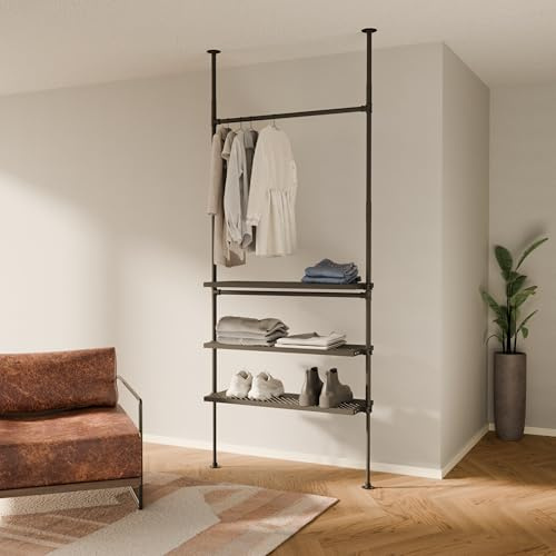 pamo Teleskop Kleiderstange 106 x 220-250 cm, 100 kg Traglast | Höhenverstellbarer Raumteiler Offener Kleiderschrank - Ohne Bohren, stabiler Stand I mit 3 Metallböden