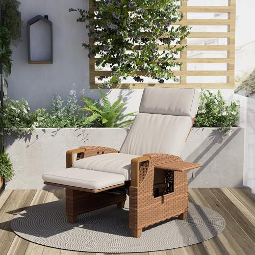 Grand patio Relaxliege Liegesessel mit Sitzkissen, Aluminiumgestell, Armlehnensessel Verstellbare Rückenlehne, Rattan Lehnstühle für Innen (Zwei-knopf-Anpassung -Beige Sitzkissen&Honigbraun Rattan)