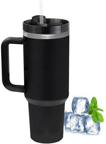 LOITTAINUE Thermobecher mit Strohhalm und Henkel, 1180ml 40oz Kaffeebecher To Go mit Deckel, Doppelwandiger Edelstahl Vakuum Isolierbecher, Tragbare Autobecher für Kalte Heiße Getränke (Schwarz)