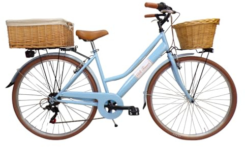 Cicli Tessari - Damenfahrrad Citybike Citybike 28 Zoll mit Vintage-Retro-Getriebe mit Weidenkorb und Kassette (hellblau)
