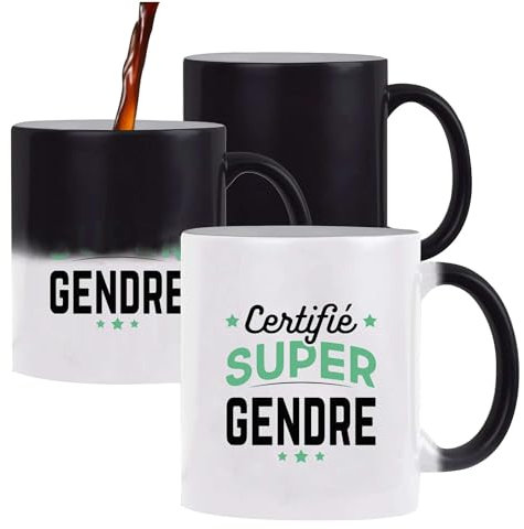 Otshirt Tasse Magique Certifié Super Gendre | Mug qui change couleur avec la chaleur | Idée Cadeau Gendre Beau Fils Humour Original Noël Anniversaire Famille Drôle Unique