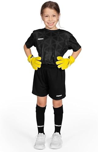 FORZA Kit Portiere A Maniche Corte per Bambini – Set Completo Unisex Junior con Maglia, Pantaloncini E Calze [5-14 Anni] | Leggero & Traspirante (Nero, 11-12 Anni)