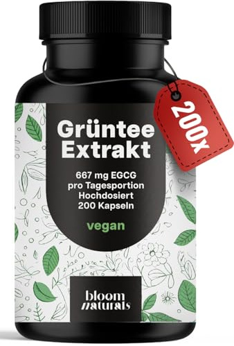 Grüntee Extrakt Kapseln hochdosiert – 200 Kapseln – 1333 mg pro Tag | Grünteeblattextrak mit 667 mg EGCG + Schwarzer Pfeffer – vegan, produziert in Deutschland, laborgeprüft