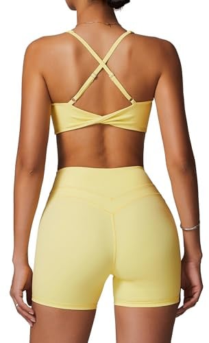 IDOPIP Sport Set Damen für Fitness: Gym Set 2 teilig mit V-Ausschnitt Twist zurück BH und Leggings kurz - Sommer Sportkleidung für Yoga, Pilates und Workout