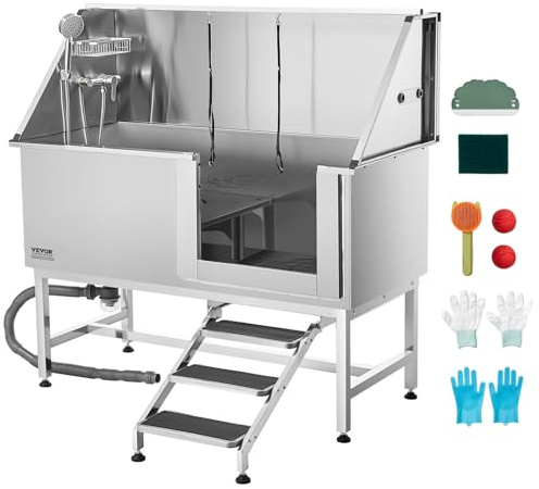 VEVOR Stainless Steel Dog Washing Station, 62 inch Pet Grooming Tub w/Stairs, PE Water Filter Board, Faucet & Showerhead & Soap Holder Dog Bathtub for Large & Medium & Small Pets (Right Door)