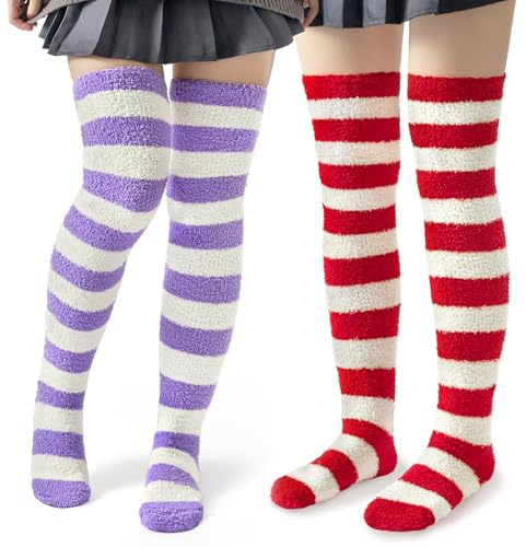 LittleForBig Süßes Tier Koralle Samt Oberschenkel/Knie-Lange Gestreifte Socken Kniestrümpfe 2 Paare