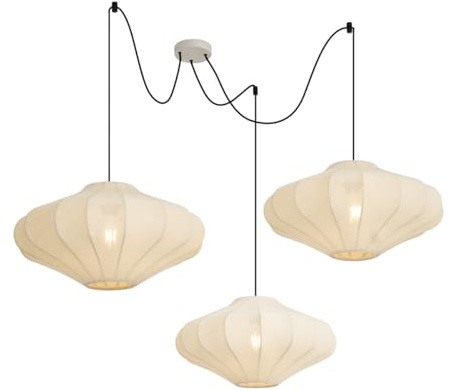 Qazqa Esstisch Japandi Pendelleuchte, Pendellampe - Plu - Crème, Rund, 3-flammig, 100cm, Ideal als Esszimmerlampe und