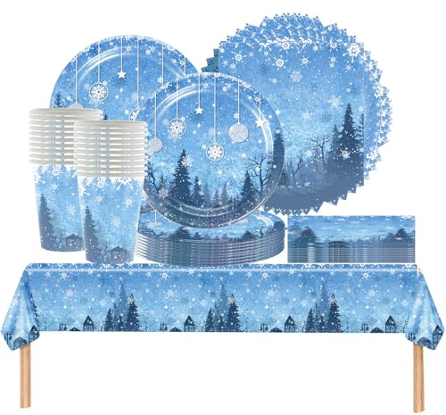61PCS Frozen Party Geschirr Set, Schneeflocken Zierpflanzen, Geburtstag Geschirr, Elsa und Anna Thema Party Dekoration, serviert 20 Personen