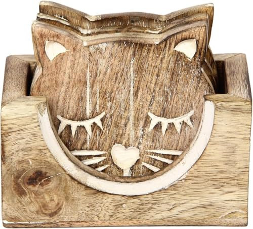 Spiritual Gifts Wooden Coaster Holder Brown Carved Cat Coaster Set of 8 Coasters for Drinks Beer Wine Glass Tea Coffee Cup Mug