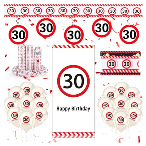 WenmthG 30 Geburtstag Deko Männer Frauen, 30. Geburtstag Deko mit Banner, Girlande, Luftballons, Absperrband, Luftschlangen - Verkehrsschild zum 30 Jahre, Verkehrszeichen 30. Geburtstagsdeko