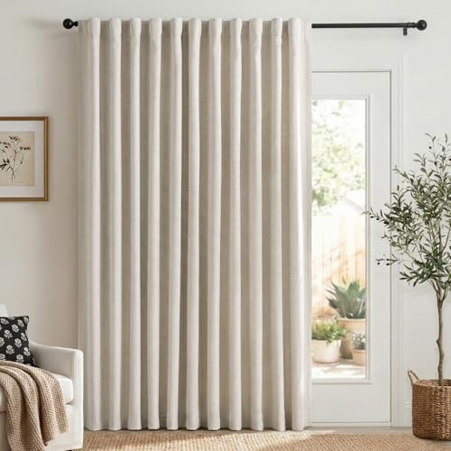 Linen Textured Total Blackout Sliding Door Curtains 84 Inches Long, Cream