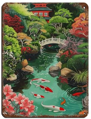 Koi Fish Pond Illustration Japanese Garden Tin Sign Vintage Metal Pub Club Cafe Bar Home Wall Art Decoration Poster Retro 12x16inch(30x40cm)