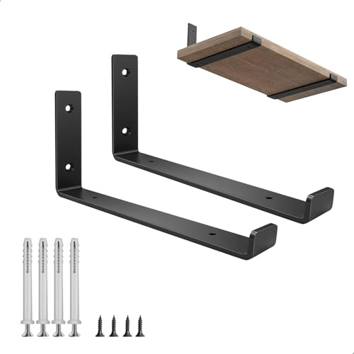 Lot de 2 Equerre Etagere Murale - Support Etagere Murale en Acier de 5 mm d'Épaisseur pour Charge Lourde avec Rebords, Équerre Étagère Noirs, Equerre Charge Lourde avec Vis Assorties (25 cm)