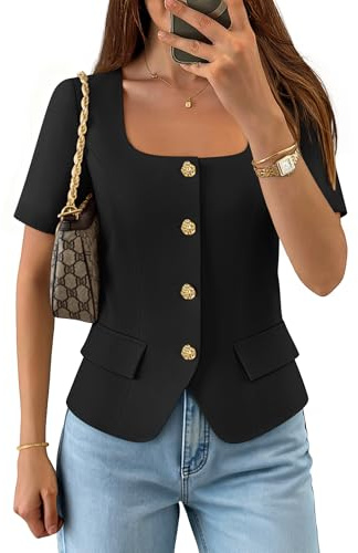 ZESICA Women's Trendy Vests Top 2026 Spring Summer Square Neck Short Sleeve Blazer Suit Button Down Business Casual Blouse, Black, L