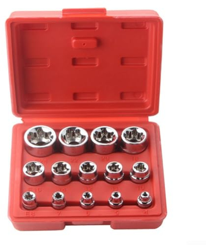 14 Pcs Star Female Bit Socket Set for Torx with 1 4 3 8 1 2 Drive Socket Bits E4 to E24 in Compact Case for Organized Storage and Reliable Performance
