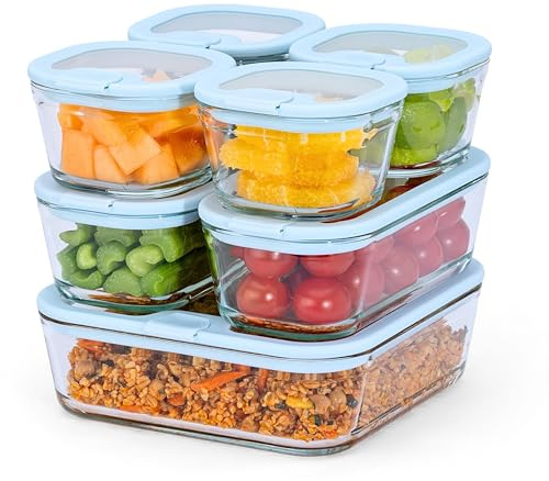 Econovo Frischhaltedosen Glas mit Deckel 7er Set, luftdicht, Meal Prep | Sieben Glasbehälter aus Borosilikatglas mit Silikondichtung und Ventil, auslaufsicher für Meal Prep, Ofen und Gefrierfach