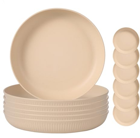 Camping Plate, Unbreakable Deep Picnic Plate Set 6，Reusable Dinner Plate Set, Microwave and Dishwasher Safe Plastic Dinner Plates for Salad, Pasta, Party, Home (White-6)