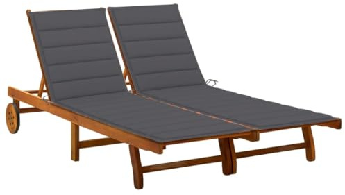 Mandloder 2-Personen-Sonnenliege Akazie Massivholz, ölbehandelt, mit 2 anthrazitfarbenen Auflagen, verstellbare Relaxliege für Garten, Terrasse, 200x118 cm Doppelliege, wetterfester Liegestuhl