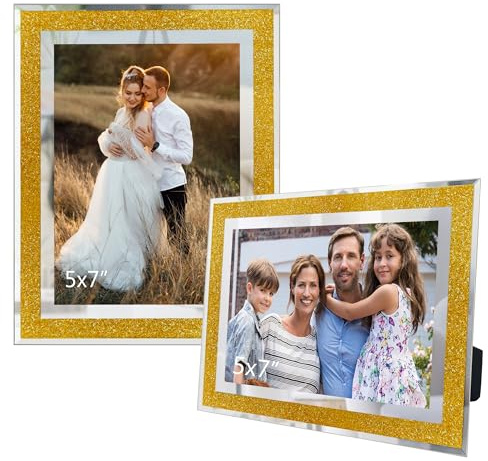 GraduationMall 2er-Set Bilderrahmen 13x18 cm Foto-Rahmen mit Kristall-Glitzer-Optik - Glasschutzhüllen für Hochzeit, Büro & Zuhause, Gold