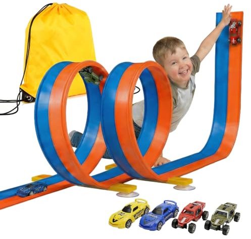 5M Flexible Autorennbahn Set mit 2 Loopings, 2-in-1 Rennbahn mit Autos & Tragtasche, Schwerkraft & Pull-Back Rennstrecke, Spielzeug für Kinder ab 3 4 5 6 Jahre, Geschenk für Indoor/Outdoor (Orange)