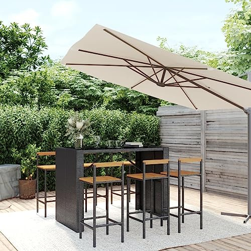 Ordellia 7-TLG. Gartenbar-Set Schwarz Poly Rattan & Akazienholz, 145x80x110cm, wetterfestes Outdoor Möbelset mit 6 Barstühlen für Terrasse, Balkon