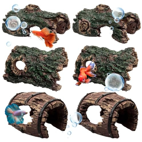 XIAOGUA 6 Stück Aquarium Deko Aquarium Höhle Welshöhle Dekoration Baumstamm Harz Zimmeraquarium Höhle Ornament Deko Hohl Stamm, für Reptilienversteck Oder Betta Fisch Schwimmhabitat