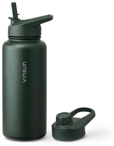 Vinsun Trinkflasche Edelstahl 1L Forest Green inkl. 2 Deckel, auslaufsicher | Strohhalm Deckel & Trinköffnung - Kohlensäure geeignet, BPA frei, isolierte Thermosflasche Sport, Schule, Outdoor