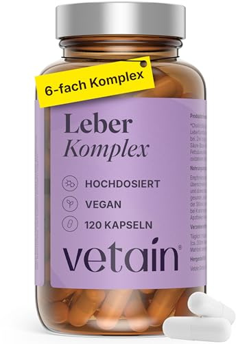 VETAIN Leber Komplex Kapseln - Hochdosiert mit Mariendistel - 120 Kapseln | Leber Kur mit 200mg Silymarin, Artischocke, Cholin, Löwenzahn, Curcuma & Zink – 1 Kapsel täglich – vegan & laborgeprüft
