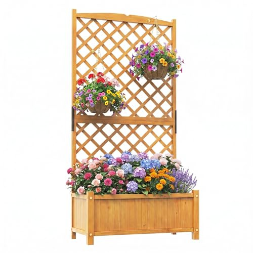 COSTWAY Jardinera con Enrejado de Madera Maciza de Abeto, Jardinera con Celosia, Orificios de Drenaje para Plantas Trepadoras, para Jardines, Patios y Balcones, 90 x 44,5 x 180,5 cm (Natural)