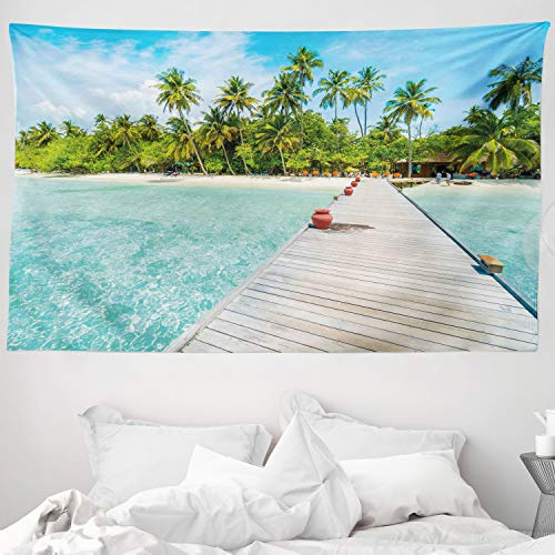 ABAKUHAUS Tropisch Wandteppich und Tagesdecke, Malediven-Insel-Strand aus Weiches Mikrofaser Stoff Waschbar ohne Verblassen Digitaldruck, 230 x 140 cm, Farngrün Türkis