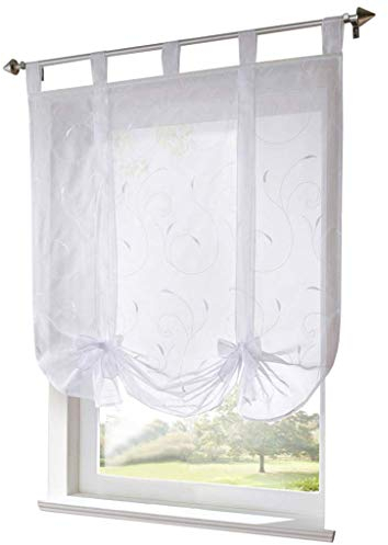 ESLIR Raffrollo mit Schlaufen Raffgardinen Gardinen Küche Bindegardine Transparent Schlaufenrollo Vorhänge mit Stickerei Modern Voile Weiß BxH 100x140cm 1 Stück