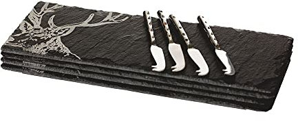 The Just Slate Company JS/MCBS/S 4 Mini Stag Cheese Board and Knife Set, Slate