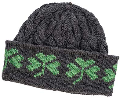 SAOL 100% Merinowolle Strickmütze mit Kleeblatt für Herren, in Natur/Holzkohle/Marine/Grün (Holzkohle)